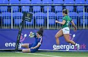 17 April 2021; Cyrielle Banet of France scores her side's eighth try despite the efforts of Stacey Flood of Ireland during the Women's Six Nations Rugby Championship match between Ireland and France at Energia Park in Dublin. Photo by Sam Barnes/Sportsfile