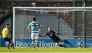 17 April 2021; Dylan Grimes of Longford Town, left, scores his side's first goal from a penalty during the SSE Airtricity League Premier Division match between Shamrock Rovers and Longford Town at Tallaght Stadium in Dublin. Photo by Eóin Noonan/Sportsfile