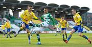 17 April 2021; Graham Burke of Shamrock Rovers in action against Karl Chambers of Longford Town during the SSE Airtricity League Premier Division match between Shamrock Rovers and Longford Town at Tallaght Stadium in Dublin. Photo by Eóin Noonan/Sportsfile