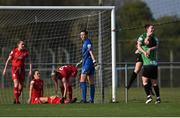 17 April 2021; Eleanor Ryan-Doyle of Peamount United is lifted by Megan Smyth Lynch after scoring her side's first goal during the SSE Airtricity Women's National League match between Peamount United and Shelbourne at PLR Park in Greenogue, Dublin. Photo by Ramsey Cardy/Sportsfile