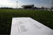 17 April 2021; A detailed view of the team-sheet showing the name of new Dundalk signing Wilfried Zahibo named on the bench before the SSE Airtricity League Premier Division match between Dundalk and St Patrick's Athletic at Oriel Park in Dundalk, Louth. Photo by Stephen McCarthy/Sportsfile
