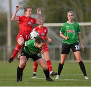 17 April 2021; Karen Duggan of Peamount United in action against Rachel Graham of Shelbourne during the SSE Airtricity Women's National League match between Peamount United and Shelbourne at PLR Park in Greenogue, Dublin. Photo by Ramsey Cardy/Sportsfile