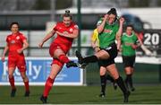 17 April 2021; Saoirse Noonan of Shelbourne has a shot at goal blocked by Eleanor Ryan-Doyle of Peamount United during the SSE Airtricity Women's National League match between Peamount United and Shelbourne at PLR Park in Greenogue, Dublin. Photo by Ramsey Cardy/Sportsfile