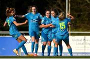 17 April 2021; Kate Mooney, second from right, celebrates her goal with team-mates, from left, Niamh Prior, Shauna Carroll, Rachel Doyle and Nadine Clare of DLR Waves during the SSE Airtricity Women's National League match between DLR Waves and Galway Women at UCD Bowl in Belfield, Dublin. Photo by Matt Browne/Sportsfile