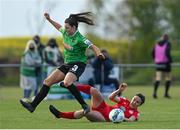 17 April 2021; Tiegan Ruddy of Peamount United is tackled by Ciara Grant of Shelbourne during the SSE Airtricity Women's National League match between Peamount United and Shelbourne at PLR Park in Greenogue, Dublin. Photo by Ramsey Cardy/Sportsfile
