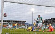 17 April 2021; Aaron Greene of Shamrock Rovers celebrates after team-mate Sean Gannon scored their side's second goal during the SSE Airtricity League Premier Division match between Shamrock Rovers and Longford Town at Tallaght Stadium in Dublin. Photo by Eóin Noonan/Sportsfile