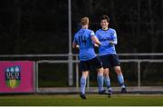 16 April 2021; Colm Whelan of UCD, right, celebrates with team-mate Eoin Farrell after scoring their side's second goal during the SSE Airtricity League First Division match between UCD and Cabinteely at the UCD Bowl in Belfield, Dublin. Photo by Piaras Ó Mídheach/Sportsfile