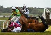 18 April 2021; Game Of War parts company with jockey Rachael Blackmore as Kitten Rock parts company with Mark Walsh at the last during the Green Acre Marketing Handicap Steeplechase at Tramore Racecourse in Waterford. Photo by Harry Murphy/Sportsfile