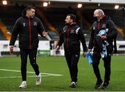 17 April 2021; Injured Dundalk player Brian Gartland, left, in conversation with Dundalk coach Giuseppi Rossi, centre, and Dundalk kit manager Noel Walsh after the SSE Airtricity League Premier Division match between Dundalk and St Patrick's Athletic at Oriel Park in Dundalk, Louth. Photo by Ben McShane/Sportsfile