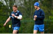 19 April 2021; Tadhg Furlong, left, and Jonathan Sexton arrive for Leinster rugby squad training at UCD in Dublin. Photo by Brendan Moran/Sportsfile