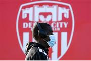 20 April 2021; Wilfred Zahibo of Dundalk arrives prior to the SSE Airtricity League Premier Division match between Derry City and Dundalk at the Ryan McBride Brandywell Stadium in Derry. Photo by Stephen McCarthy/Sportsfile