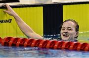 20 April 2021; Mona McSharry of Marlins SC after achieving a national record and swimming a FINA A standard time in the 100 metre breaststroke on day one of the Irish National Swimming Team Trials at Sport Ireland National Aquatic Centre in the Sport Ireland Campus, Dublin. Photo by Brendan Moran/Sportsfile