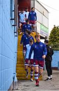 20 April 2021; Hugh Douglas of Drogheda United leads his side out for the warm-up before the SSE Airtricity League Premier Division match between Drogheda United and Shamrock Rovers at United Park in Drogheda, Louth. Photo by Ben McShane/Sportsfile