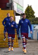 20 April 2021; Chris Lyons, left, and Dane Massey of Drogheda United make their way out to the warm-up before the SSE Airtricity League Premier Division match between Drogheda United and Shamrock Rovers at United Park in Drogheda, Louth. Photo by Ben McShane/Sportsfile