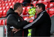20 April 2021; Dundalk sporting director Jim Magilton, left, and Derry City manager Declan Devine share a joke prior to the SSE Airtricity League Premier Division match between Derry City and Dundalk at the Ryan McBride Brandywell Stadium in Derry. Photo by Stephen McCarthy/Sportsfile