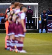 20 April 2021; Drogheda United manager Tim Clancy stands for a moments silence for the passing of his mother, Peggy, before the SSE Airtricity League Premier Division match between Drogheda United and Shamrock Rovers at United Park in Drogheda, Louth. Photo by Ben McShane/Sportsfile