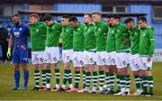 20 April 2021; Shamrock Rovers players stand for a moments silence for the passing of Peggy Clancy, mother of Drogheda United manager Tim Clancy, before the SSE Airtricity League Premier Division match between Drogheda United and Shamrock Rovers at United Park in Drogheda, Louth. Photo by Ben McShane/Sportsfile