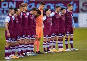 20 April 2021; Drogheda United players stand for a moments silence for the passing of Peggy Clancy, mother of Drogheda United manager Tim Clancy, before the SSE Airtricity League Premier Division match between Drogheda United and Shamrock Rovers at United Park in Drogheda, Louth. Photo by Ben McShane/Sportsfile