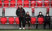 20 April 2021; Dundalk sporting director Jim Magilton, left, watches on alongside backroom staff, from left, Dundalk academy manager & coach Stephen McDonnell, Dundalk strength & conditioning coach Graham Norton, and Dundalk physiotherapist Danny Miller, during the SSE Airtricity League Premier Division match between Derry City and Dundalk at the Ryan McBride Brandywell Stadium in Derry. Photo by Stephen McCarthy/Sportsfile