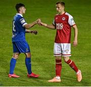 20 April 2021; Jamie Lennon of St Patrick's Athletic and Adam O'Reilly of Waterford following the SSE Airtricity League Premier Division match between St Patrick's Athletic and Waterford at Richmond Park in Dublin. Photo by Harry Murphy/Sportsfile