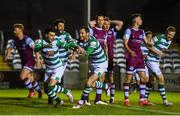 20 April 2021; Danny Mandroiu of Shamrock Rovers celebrates after scoring his side's first goal with team-mate Chris McCann, right, during the SSE Airtricity League Premier Division match between Drogheda United and Shamrock Rovers at United Park in Drogheda, Louth. Photo by Ben McShane/Sportsfile