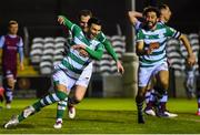 20 April 2021; Danny Mandroiu of Shamrock Rovers celebrates after scoring his side's first goal with team-mates Roberto Lopes, right, and Chris McCann, behind, during the SSE Airtricity League Premier Division match between Drogheda United and Shamrock Rovers at United Park in Drogheda, Louth. Photo by Ben McShane/Sportsfile