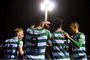20 April 2021; Shamrock Rovers players celebrate after their side's first goal, scored by Danny Mandroiu, hidden, during the SSE Airtricity League Premier Division match between Drogheda United and Shamrock Rovers at United Park in Drogheda, Louth. Photo by Ben McShane/Sportsfile