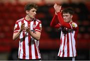 20 April 2021; Ronan Boyce, left, and Caolan McLaughlin of Derry City following the SSE Airtricity League Premier Division match between Derry City and Dundalk at the Ryan McBride Brandywell Stadium in Derry. Photo by Stephen McCarthy/Sportsfile