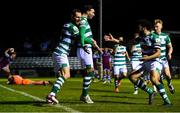 20 April 2021; Danny Mandroiu of Shamrock Rovers celebrates after scoring his side's first goal with team-mate Chris McCann, left, and Roberto Lopes, right, during the SSE Airtricity League Premier Division match between Drogheda United and Shamrock Rovers at United Park in Drogheda, Louth. Photo by Ben McShane/Sportsfile