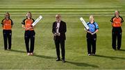 21 April 2021; David Jermyn, Arachas, Head of Corporate Development, centre, with women's Super Series players, from left, Leah Paul and Gavy Lewis of Scorchers, Freya Sargent of Typhoons and Shauna Kavanagh of Scorchers in Merrion Cricket Club, Dublin, at the official launch of the Women’s Arachas Super Series 2021. The competition is commencing this weekend and Cricket Ireland is delighted to welcome Arachas on board as the official sponsor. For further information, visit www.cricketireland.ie. Photo by David Fitzgerald/Sportsfile