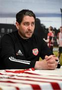 23 April 2021; Newly appointed Derry City manager Ruaidhri Higgins during a media conference at their training facility in Elagh Business Park, Derry. Photo by Stephen McCarthy/Sportsfile