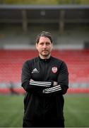 23 April 2021; Newly appointed Derry City manager Ruaidhri Higgins poses for a portrait at the Ryan McBride Brandywell Stadium in Derry after taking his first training session with his team. Photo by Stephen McCarthy/Sportsfile