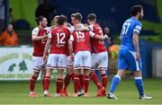 23 April 2021; St Patrick's Athletic players celebrate their first goal, scored by Billy King, 15, during the SSE Airtricity League Premier Division match between Finn Harps and St Patrick's Athletic at Finn Park in Ballybofey, Donegal. Photo by Piaras Ó Mídheach/Sportsfile