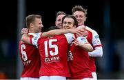 23 April 2021; Matty Smith of St Patrick's Athletic, second from right, celebrates with team-mates after scoring his side's second goal during the SSE Airtricity League Premier Division match between Finn Harps and St Patrick's Athletic at Finn Park in Ballybofey, Donegal. Photo by Piaras Ó Mídheach/Sportsfile