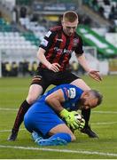 23 April 2021; Shamrock Rovers goalkeeper Alan Mannus in action against Ross Tierney of Bohemians during the SSE Airtricity League Premier Division match between Shamrock Rovers and Bohemians at Tallaght Stadium in Dublin. Photo by Stephen McCarthy/Sportsfile