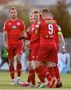 23 April 2021; Shane Farrell of Shelbourne, centre, celebrates with team-mates after scoring his side's second goal during the SSE Airtricity League First Division match between Cabinteely and Shelbourne at Stradbrook Park in Blackrock, Dublin. Photo by Sam Barnes/Sportsfile