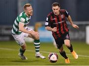 23 April 2021; Liam Burt of Bohemians in action against Sean Hoare of Shamrock Rovers during the SSE Airtricity League Premier Division match between Shamrock Rovers and Bohemians at Tallaght Stadium in Dublin. Photo by Stephen McCarthy/Sportsfile