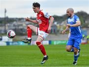 23 April 2021; Alfie Lewis of St Patrick's Athletic in action against Mark Coyle of Finn Harps during the SSE Airtricity League Premier Division match between Finn Harps and St Patrick's Athletic at Finn Park in Ballybofey, Donegal. Photo by Piaras Ó Mídheach/Sportsfile