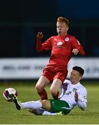 23 April 2021; Shane Farrell of Shelbourne is tackled by Luke McWilliams of Cabinteely during the SSE Airtricity League First Division match between Cabinteely and Shelbourne at Stradbrook Park in Blackrock, Dublin. Photo by Sam Barnes/Sportsfile