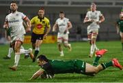 23 April 2021; Caolin Blade of Connacht dives over to score his side's second try during the Guinness PRO14 Rainbow Cup match between Ulster and Connacht at the Kingspan Stadium in Belfast. Photo by David Fitzgerald/Sportsfile