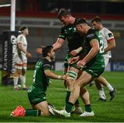 23 April 2021; Caolin Blade, left, celebrates with Connacht teammates Gavin Thornbury, centre, and Peter Sullivan after scoring his side's second try during the Guinness PRO14 Rainbow Cup match between Ulster and Connacht at the Kingspan Stadium in Belfast. Photo by David Fitzgerald/Sportsfile