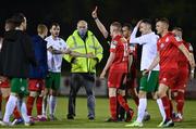 23 April 2021; Kevin Knight of Cabinteely is shown a red card by referee Alan Patchell after the SSE Airtricity League First Division match between Cabinteely and Shelbourne at Stradbrook Park in Blackrock, Dublin. Photo by Sam Barnes/Sportsfile