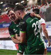 23 April 2021; Peter Sullivan, 23, is congratulated by Connacht teammate John Porch after scoring his side's fourth try during the Guinness PRO14 Rainbow Cup match between Ulster and Connacht at the Kingspan Stadium in Belfast. Photo by David Fitzgerald/Sportsfile