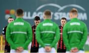 23 April 2021; Bohemians players, from left, Ross Tierney, Ali Coote and Liam Burt during a moment's silence before the SSE Airtricity League Premier Division match between Shamrock Rovers and Bohemians at Tallaght Stadium in Dublin. Photo by Stephen McCarthy/Sportsfile