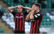 23 April 2021; Liam Burt and Georgie Kelly, left, of Bohemians reacts to a missed opportunity on goal during the SSE Airtricity League Premier Division match between Shamrock Rovers and Bohemians at Tallaght Stadium in Dublin. Photo by Stephen McCarthy/Sportsfile