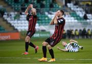 23 April 2021; Liam Burt and Georgie Kelly, left, of Bohemians reacts to a missed opportunity on goal during the SSE Airtricity League Premier Division match between Shamrock Rovers and Bohemians at Tallaght Stadium in Dublin. Photo by Stephen McCarthy/Sportsfile