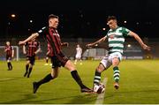 23 April 2021; Aaron Greene of Shamrock Rovers in action against Andy Lyons of Bohemians during the SSE Airtricity League Premier Division match between Shamrock Rovers and Bohemians at Tallaght Stadium in Dublin. Photo by Stephen McCarthy/Sportsfile