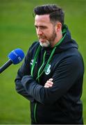 23 April 2021; Shamrock Rovers manager Stephen Bradley speaking to RTE before the SSE Airtricity League Premier Division match between Shamrock Rovers and Bohemians at Tallaght Stadium in Dublin. Photo by Eóin Noonan/Sportsfile