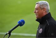 23 April 2021; Bohemians manager Keith Long speaking to RTÉ before the SSE Airtricity League Premier Division match between Shamrock Rovers and Bohemians at Tallaght Stadium in Dublin. Photo by Eóin Noonan/Sportsfile