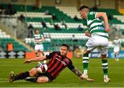 23 April 2021; Dylan Watts of Shamrock Rovers has a shot on goal blocked by Rob Cornwall of Bohemians during the SSE Airtricity League Premier Division match between Shamrock Rovers and Bohemians at Tallaght Stadium in Dublin. Photo by Eóin Noonan/Sportsfile